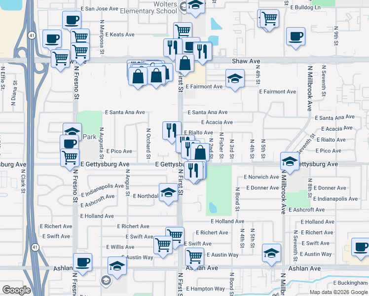 map of restaurants, bars, coffee shops, grocery stores, and more near 4650 North First Street in Fresno