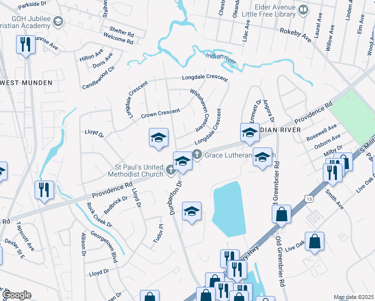 map of restaurants, bars, coffee shops, grocery stores, and more near 628 Longdale Crescent in Chesapeake