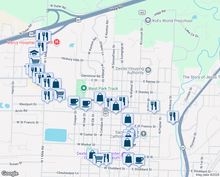 map of restaurants, bars, coffee shops, grocery stores, and more near 210 West Stanley Street in Dexter