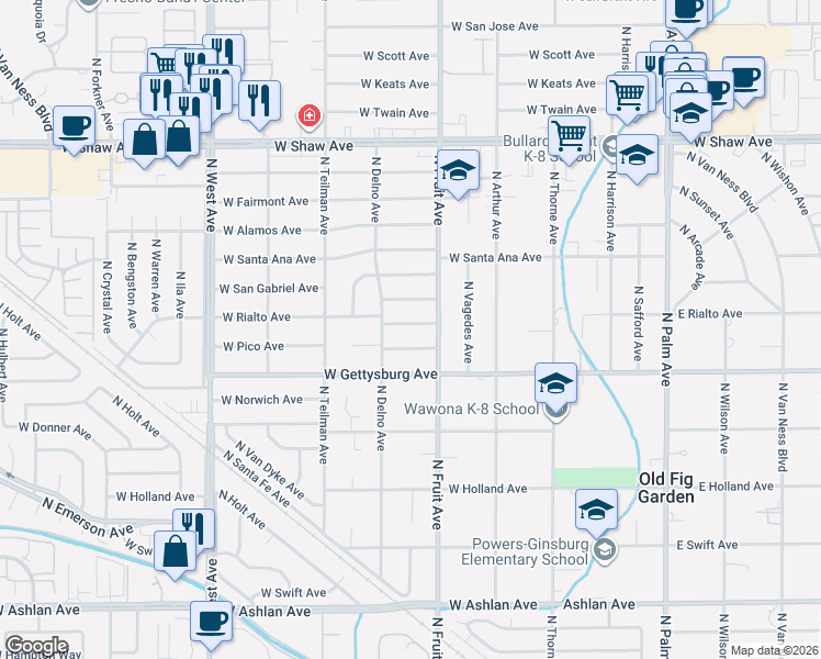 map of restaurants, bars, coffee shops, grocery stores, and more near 547 West Rialto Avenue in Fresno