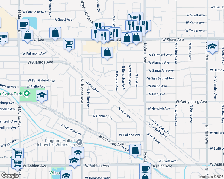 map of restaurants, bars, coffee shops, grocery stores, and more near 4679 North Crystal Avenue in Fresno