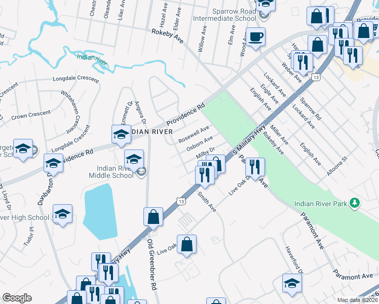 map of restaurants, bars, coffee shops, grocery stores, and more near 707 Osborn Ave in Chesapeake