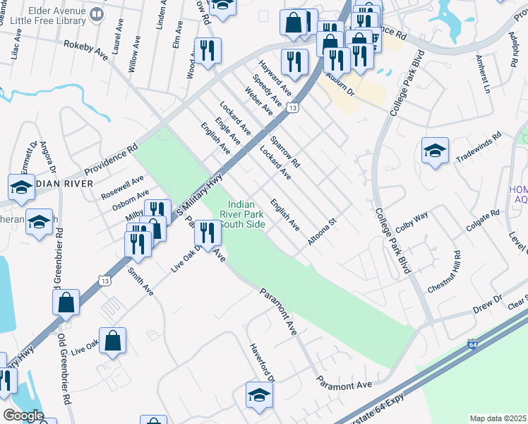 map of restaurants, bars, coffee shops, grocery stores, and more near 2021 Miller Avenue in Chesapeake