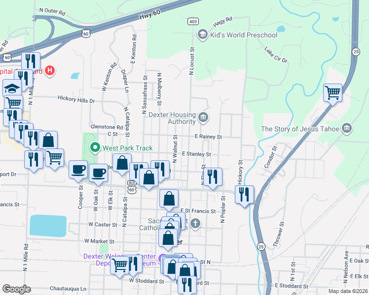 map of restaurants, bars, coffee shops, grocery stores, and more near 805 North Locust Street in Dexter