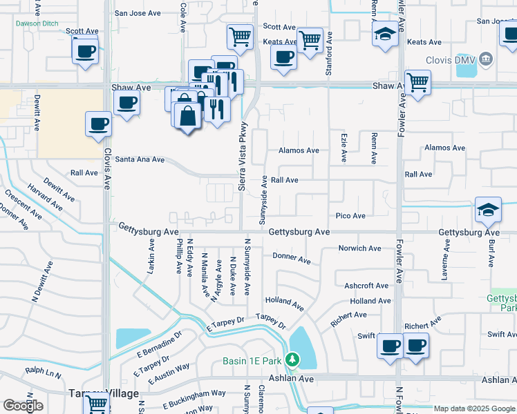 map of restaurants, bars, coffee shops, grocery stores, and more near 1345 Gettysburg Avenue in Clovis