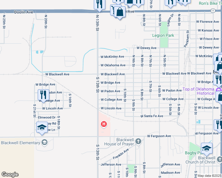 map of restaurants, bars, coffee shops, grocery stores, and more near 1216 West Padon Avenue in Blackwell