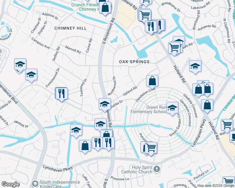 map of restaurants, bars, coffee shops, grocery stores, and more near 3708 Singing Wood Trail in Virginia Beach