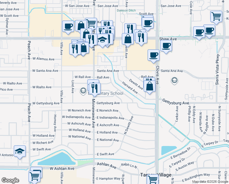 map of restaurants, bars, coffee shops, grocery stores, and more near 225 Pico Avenue in Clovis