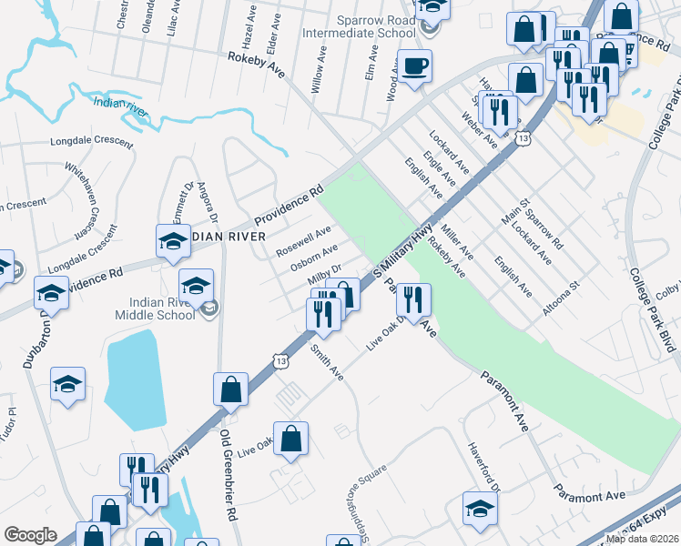map of restaurants, bars, coffee shops, grocery stores, and more near 732 Milby Drive in Chesapeake