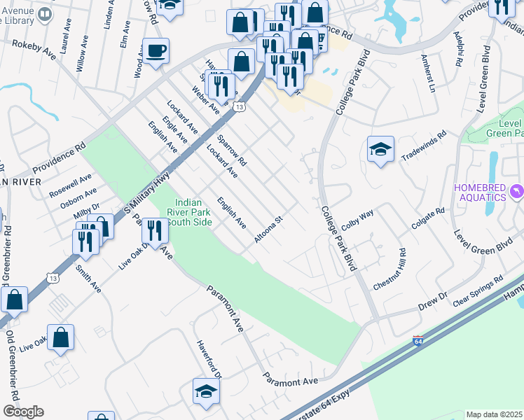 map of restaurants, bars, coffee shops, grocery stores, and more near 2125 Lockard Avenue in Chesapeake