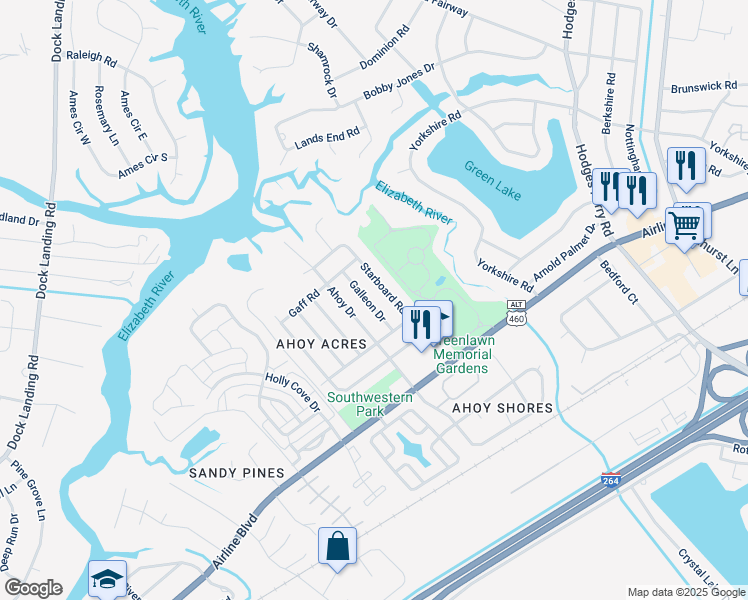 map of restaurants, bars, coffee shops, grocery stores, and more near 3920 Galleon Drive in Chesapeake
