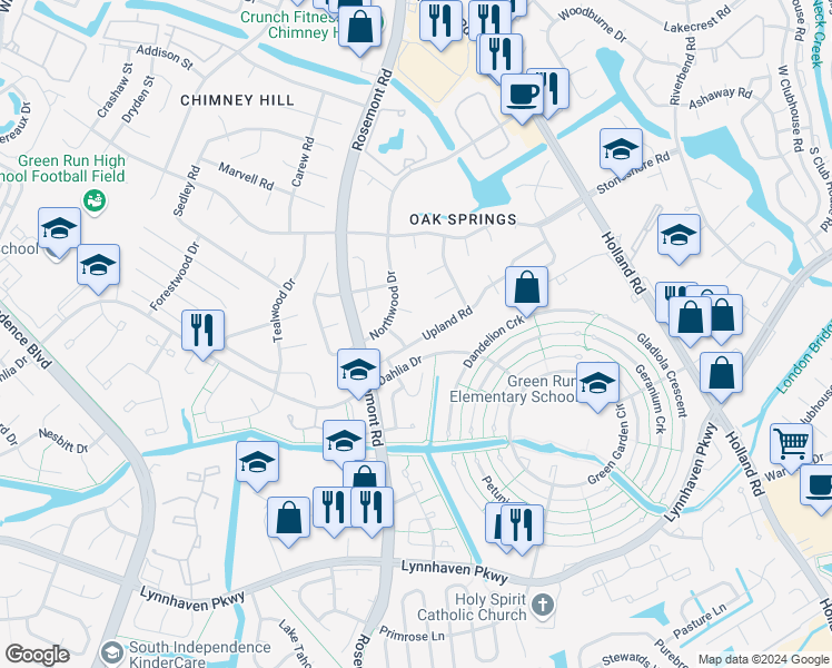 map of restaurants, bars, coffee shops, grocery stores, and more near 3764 Upland Road in Virginia Beach