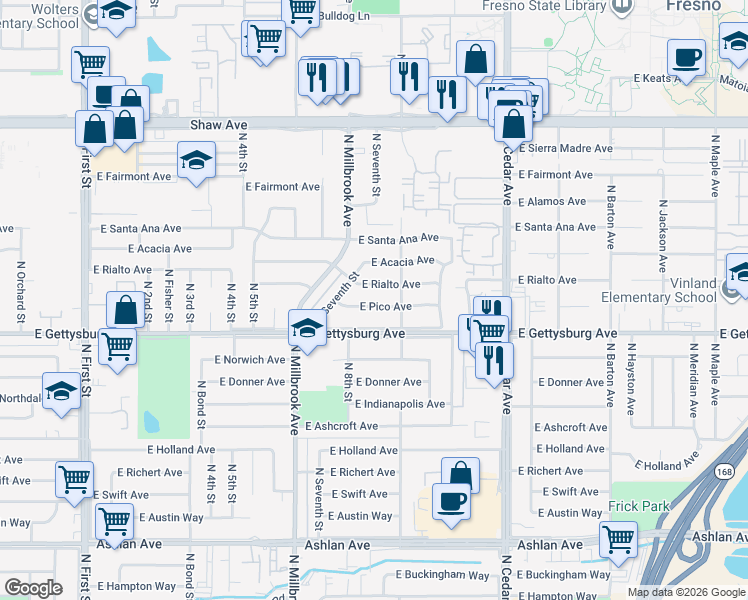 map of restaurants, bars, coffee shops, grocery stores, and more near 3851 East Pico Avenue in Fresno