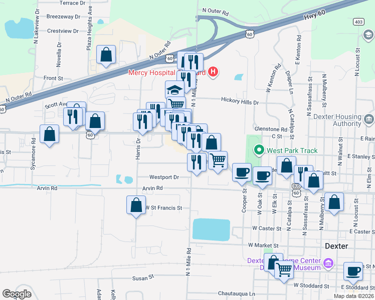 map of restaurants, bars, coffee shops, grocery stores, and more near U.S. 60 in Dexter