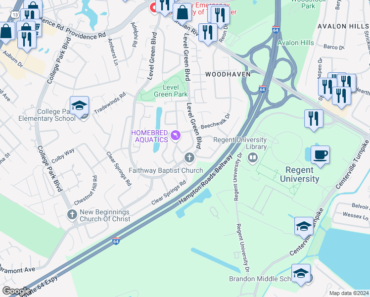 map of restaurants, bars, coffee shops, grocery stores, and more near 1151 Meadow Sage Lane in Virginia Beach