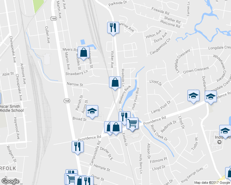 map of restaurants, bars, coffee shops, grocery stores, and more near 2331 Vicker Avenue in Chesapeake
