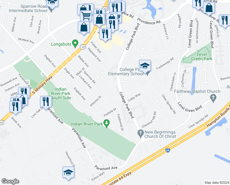 map of restaurants, bars, coffee shops, grocery stores, and more near 6438 Dillard Place in Virginia Beach
