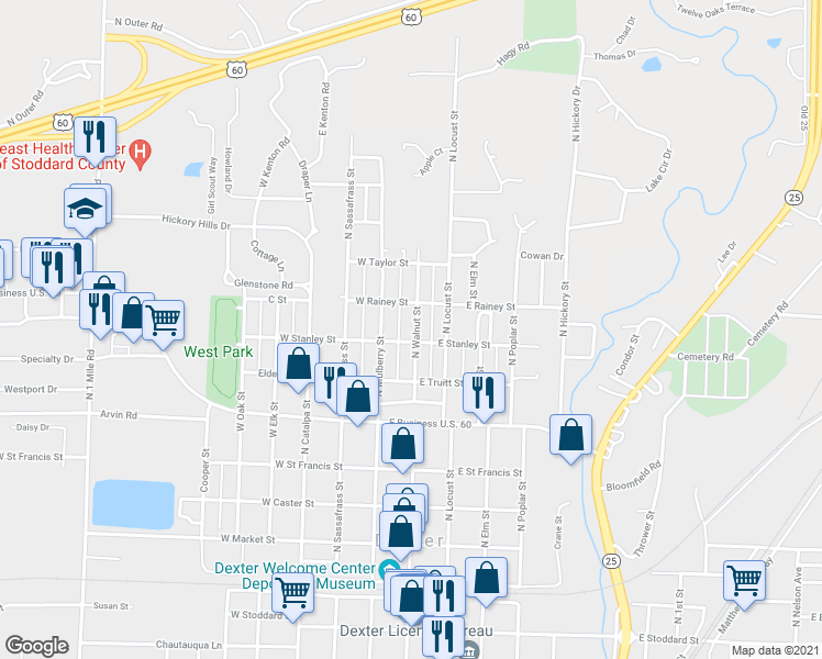 map of restaurants, bars, coffee shops, grocery stores, and more near 809 North Walnut Street in Dexter