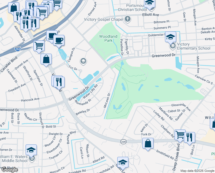 map of restaurants, bars, coffee shops, grocery stores, and more near 2 Vickers Court in Portsmouth