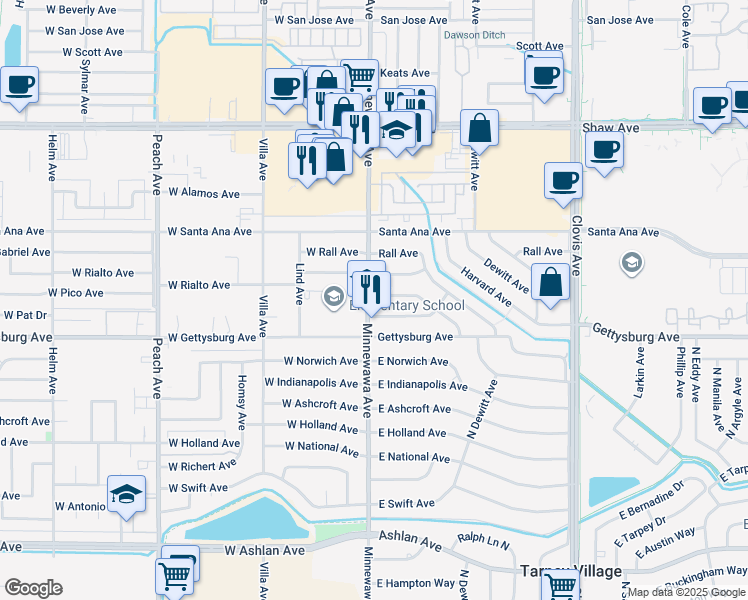map of restaurants, bars, coffee shops, grocery stores, and more near 6 Rialto Avenue in Clovis