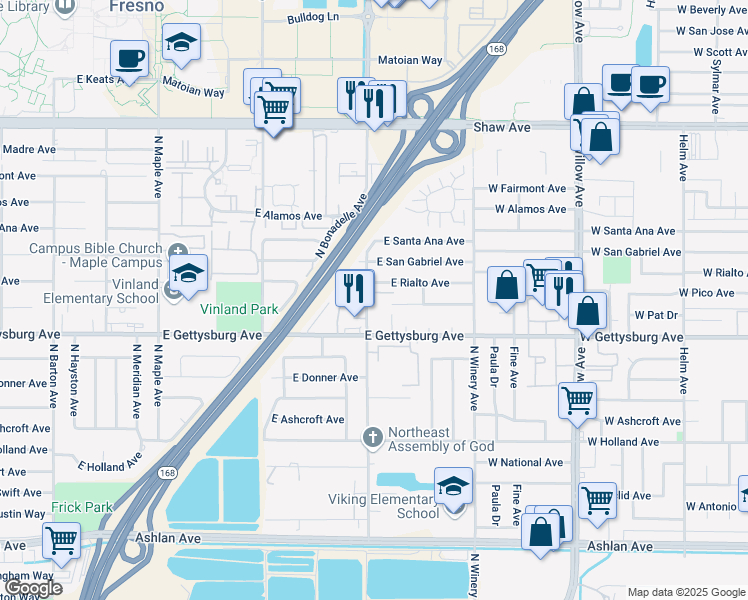 map of restaurants, bars, coffee shops, grocery stores, and more near 4654 North Chestnut Avenue in Fresno