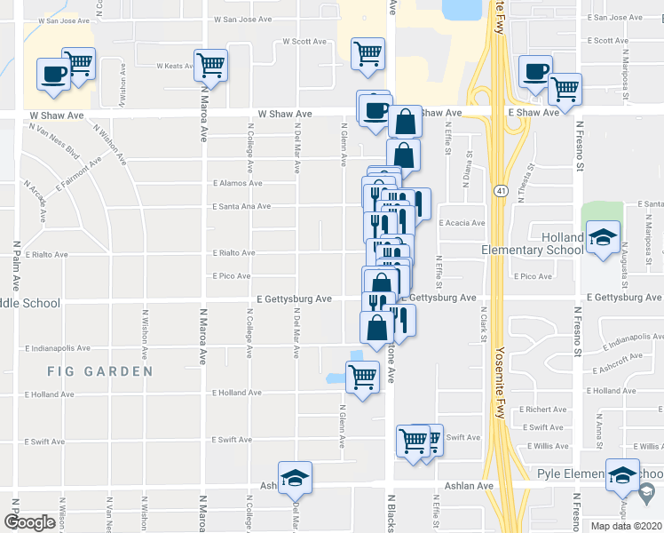 map of restaurants, bars, coffee shops, grocery stores, and more near 4671 North Glenn Avenue in Fresno