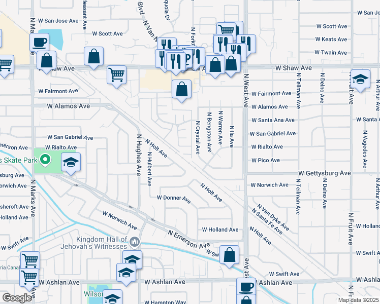map of restaurants, bars, coffee shops, grocery stores, and more near 4679 North Crystal Avenue in Fresno