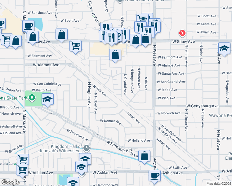 map of restaurants, bars, coffee shops, grocery stores, and more near 1835 West Santa Ana Avenue in Fresno