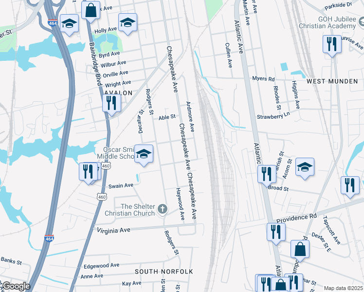 map of restaurants, bars, coffee shops, grocery stores, and more near 2309 Chesapeake Avenue in Chesapeake