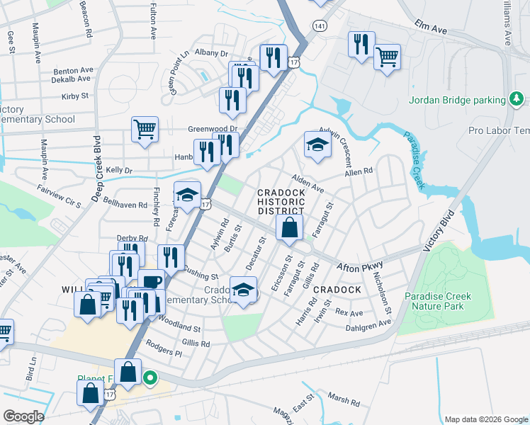 map of restaurants, bars, coffee shops, grocery stores, and more near 35 Decatur Street in Portsmouth