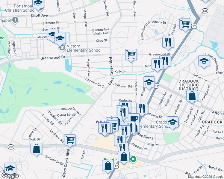 map of restaurants, bars, coffee shops, grocery stores, and more near 706 Endicotte Road in Portsmouth