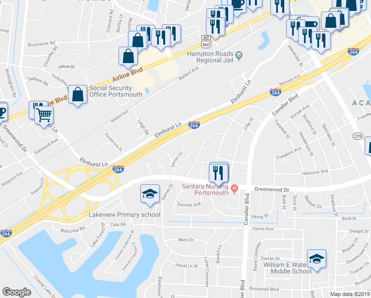 map of restaurants, bars, coffee shops, grocery stores, and more near 1649 Darren Circle in Portsmouth