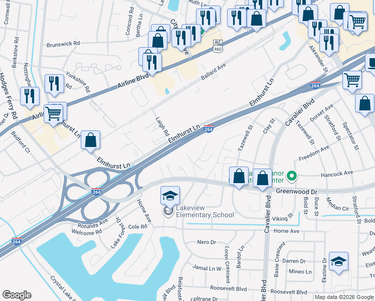 map of restaurants, bars, coffee shops, grocery stores, and more near 1564 Darren Circle in Portsmouth