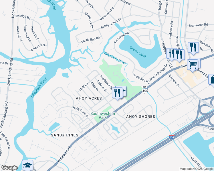 map of restaurants, bars, coffee shops, grocery stores, and more near 3920 Galleon Drive in Chesapeake