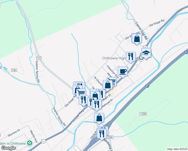 map of restaurants, bars, coffee shops, grocery stores, and more near 501 Old Stage Road in Chilhowie