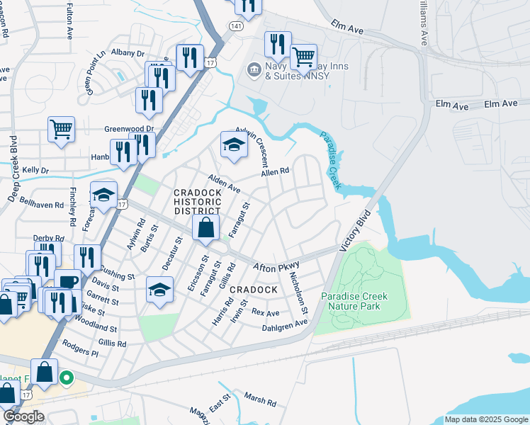 map of restaurants, bars, coffee shops, grocery stores, and more near 38 Gillis Road in Portsmouth