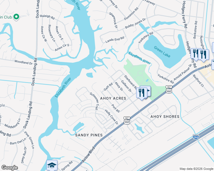 map of restaurants, bars, coffee shops, grocery stores, and more near 1620 Gaff Road in Chesapeake