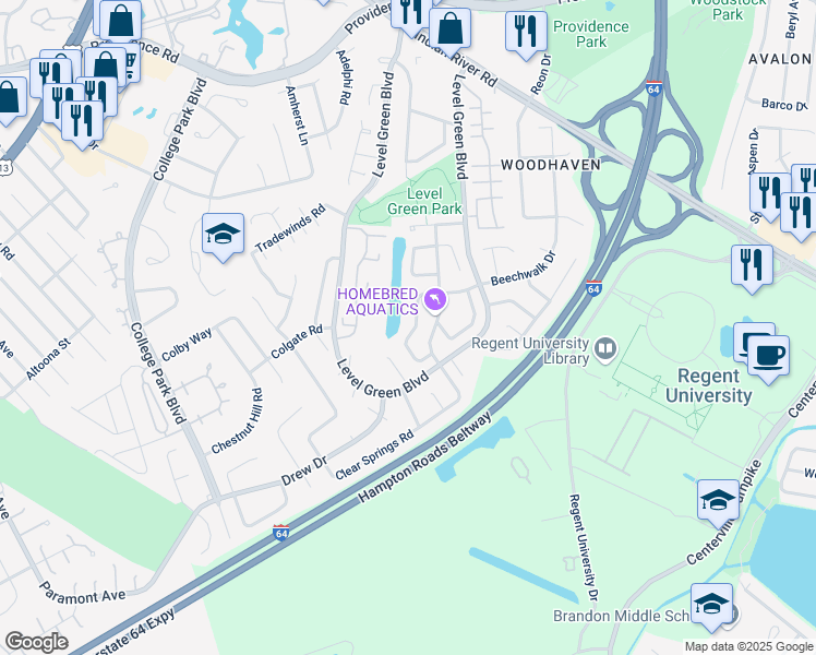 map of restaurants, bars, coffee shops, grocery stores, and more near 5960 Beechwalk Drive in Virginia Beach