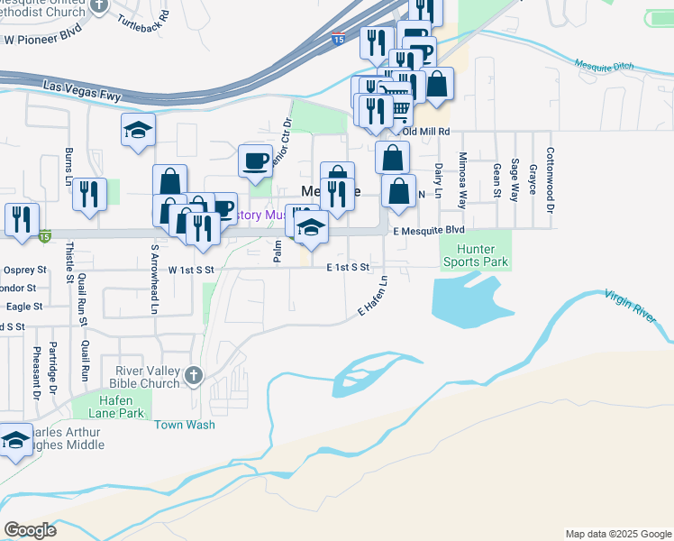 map of restaurants, bars, coffee shops, grocery stores, and more near 90 East 1st South Street in Mesquite