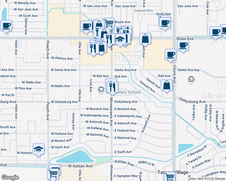 map of restaurants, bars, coffee shops, grocery stores, and more near 6 Rialto Avenue in Clovis