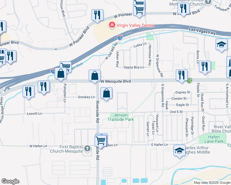 map of restaurants, bars, coffee shops, grocery stores, and more near 83 Desert Willow Lane in Mesquite