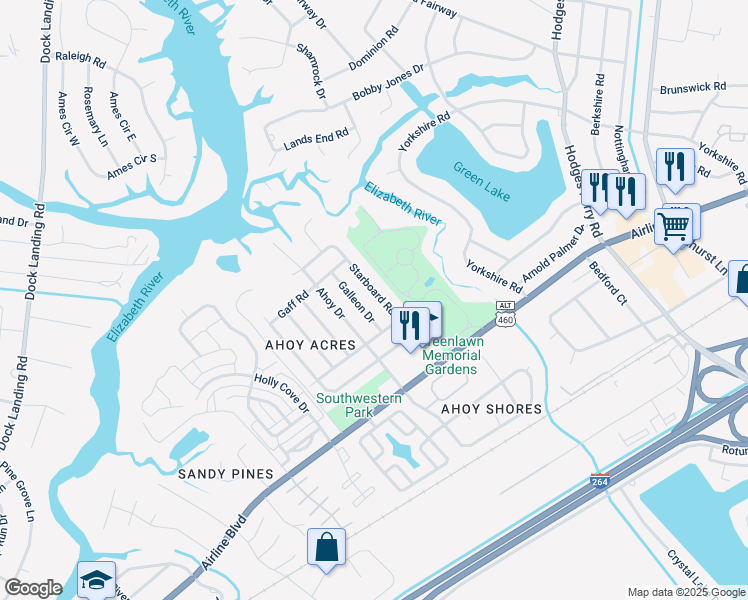 map of restaurants, bars, coffee shops, grocery stores, and more near 3920 Galleon Drive in Chesapeake