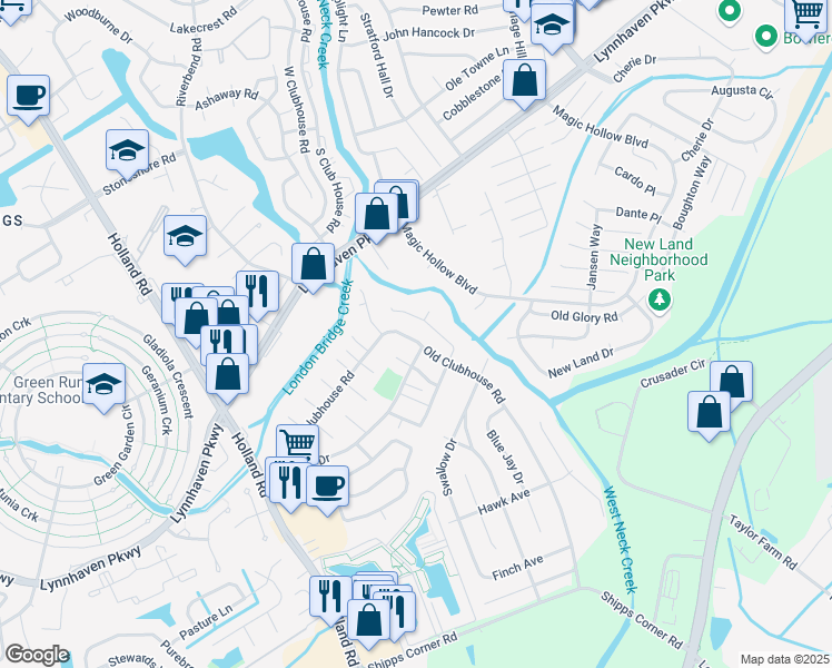 map of restaurants, bars, coffee shops, grocery stores, and more near 1163 Old Clubhouse Road in Virginia Beach