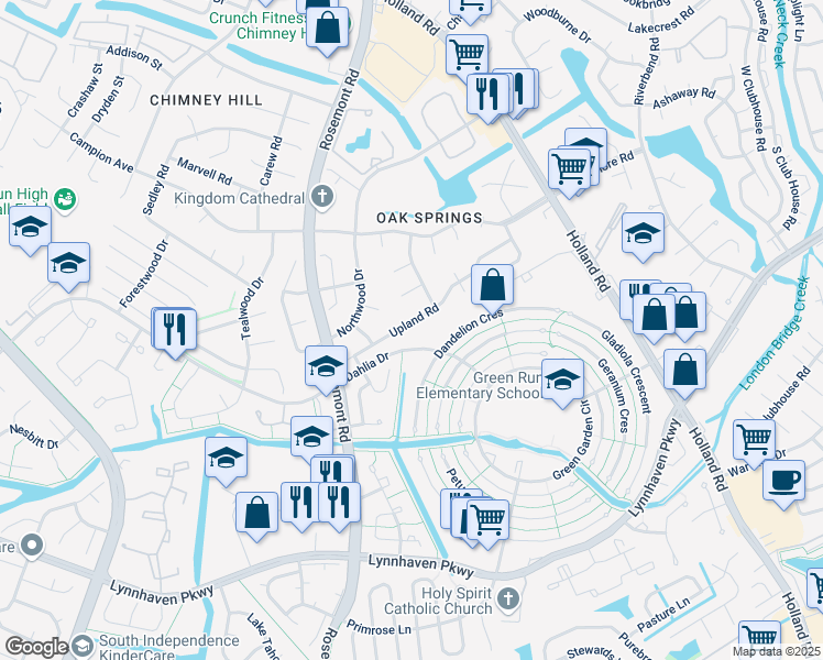 map of restaurants, bars, coffee shops, grocery stores, and more near 3737 Upland Road in Virginia Beach