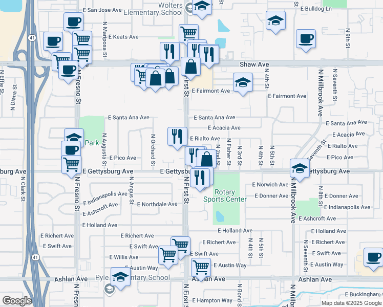 map of restaurants, bars, coffee shops, grocery stores, and more near 4660 North First Street in Fresno