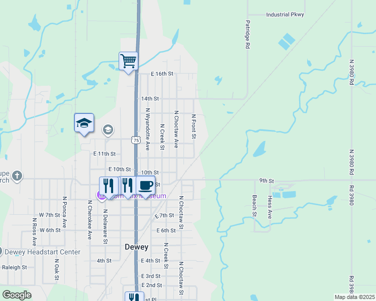 map of restaurants, bars, coffee shops, grocery stores, and more near 1111 North Front Street in Dewey