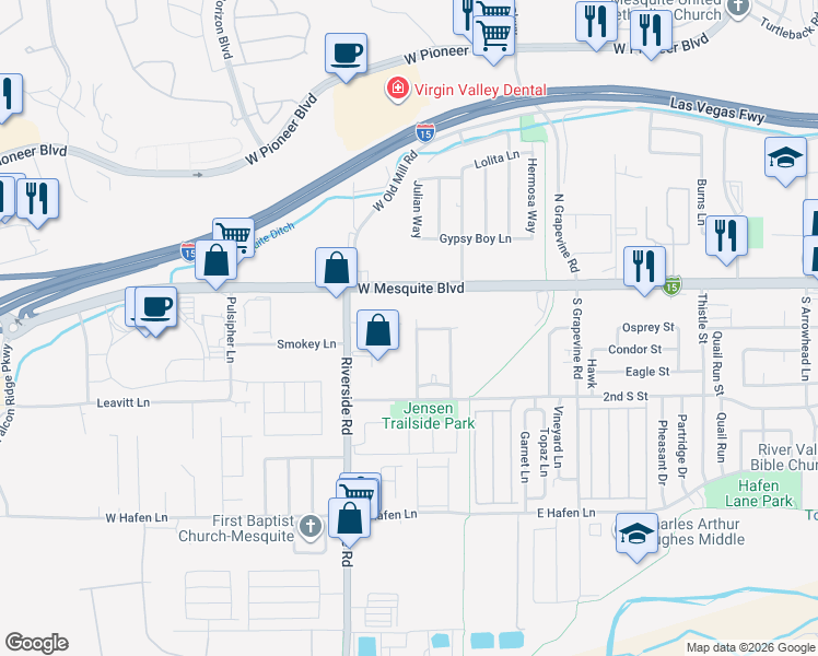 map of restaurants, bars, coffee shops, grocery stores, and more near 83 Desert Willow Lane in Mesquite
