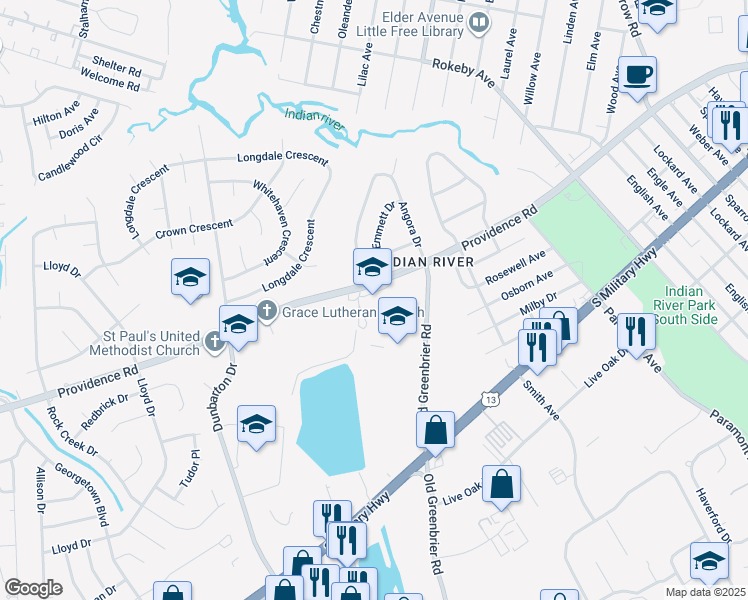 map of restaurants, bars, coffee shops, grocery stores, and more near 605 Providence Road in Chesapeake
