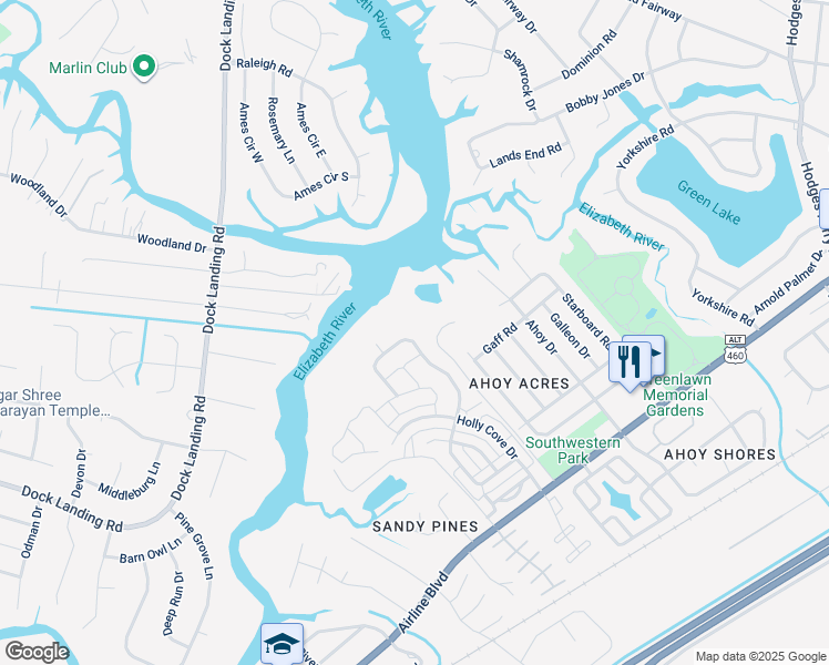 map of restaurants, bars, coffee shops, grocery stores, and more near 4242 Schooner Trail in Chesapeake