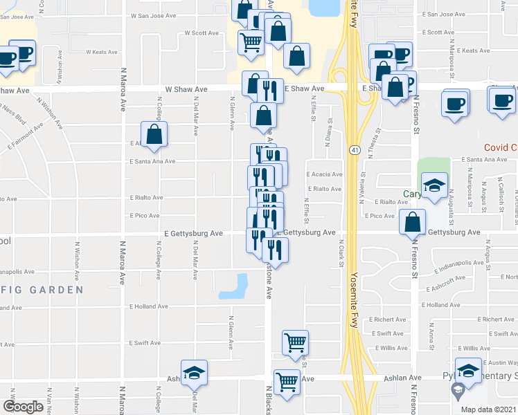 map of restaurants, bars, coffee shops, grocery stores, and more near 4661 North Blackstone Avenue in Fresno